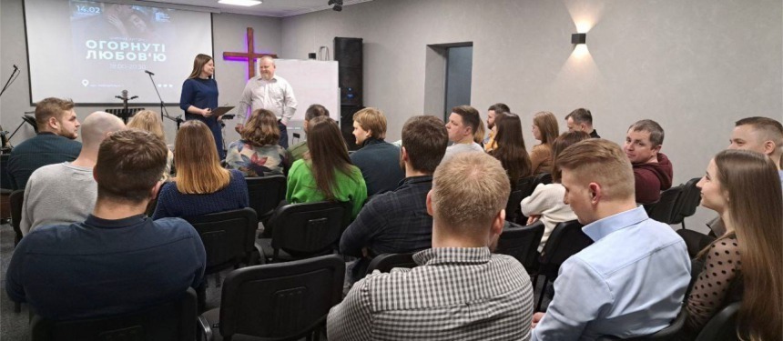 Group of Ukrainian believers meeting in church